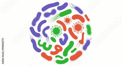 Colorful abstract illustration of various microorganisms and cells.