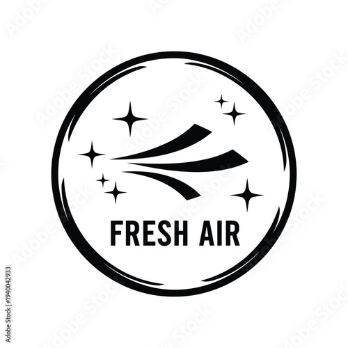A circular black and white emblem depicts stylized air currents and sparkling stars with the text fresh air prominently displayed high quality professional detailed modern elegant