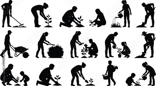 Collection of sixteen gardening silhouettes showing people raking, planting, watering, trimming, harvesting, and using tools, vector illustration design for outdoor activity, teamwork, nature, 