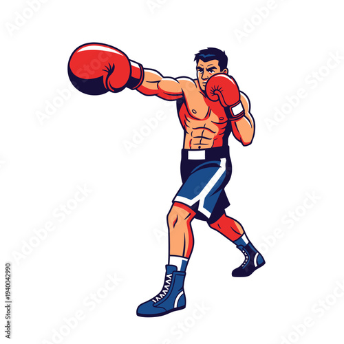 A muscular cartoon boxer wearing red boxing gloves and blue shorts throws a punch against a clean white background with a dynamic and energetic mood.