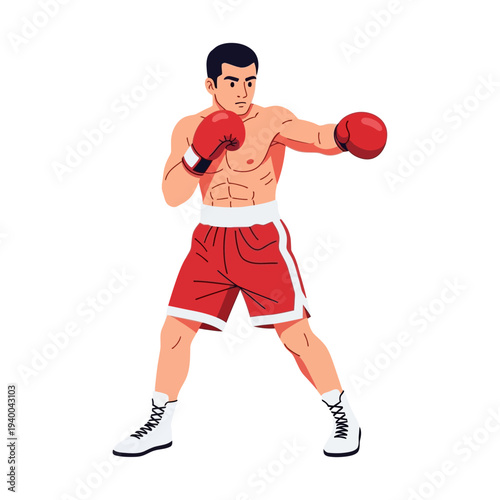 Illustration of a muscular boxer wearing red boxing gloves and shorts, throwing a punch with a dynamic stance against a plain white background.