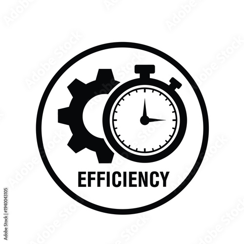 A black and white circular icon depicts a stopwatch combined with a gear symbolizing efficiency and time management concepts high quality professional detailed modern elegant stylish