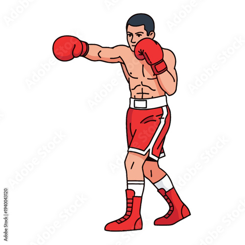 Illustration of a muscular boxer throwing a punch in a dynamic boxing stance with red gloves and attire against a plain white background.