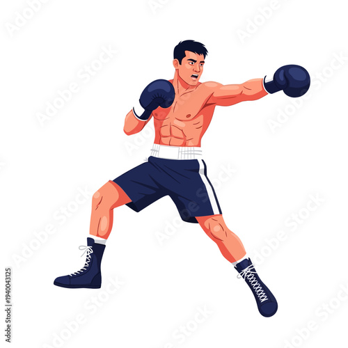 Illustration of a muscular boxer wearing gloves and throwing a punch in a dynamic stance with a plain white background.