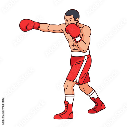 Illustration of a muscular boxer throwing a punch in a dynamic boxing stance with red gloves and attire on a plain white background.