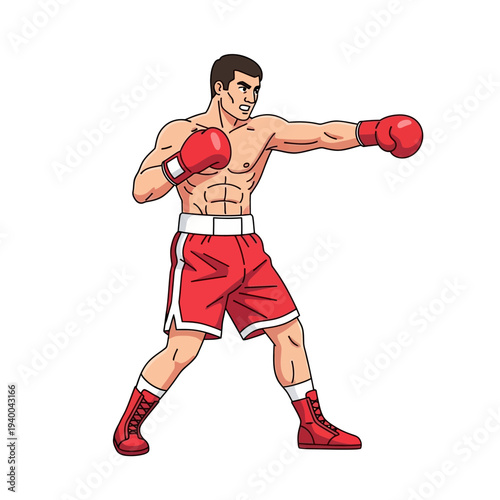 Illustration of a muscular boxer throwing a punch wearing red boxing gloves and shorts with a white stripe on a plain white background.