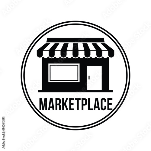 A simple black and white circular emblem depicts a storefront with a striped awning and the word marketplace below high quality professional detailed modern elegant stylish