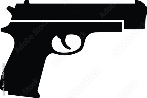 Silhouette illustration of semi-automatic handgun pistol with detailed outline of grip, trigger, barrel, and slide, vector design for firearm, weapon, safety, law enforcement, and security concepts.
