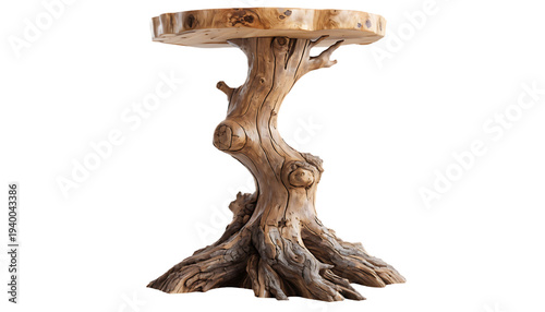 Handcrafted rustic tree stump wooden side table with natural roots and bark texture