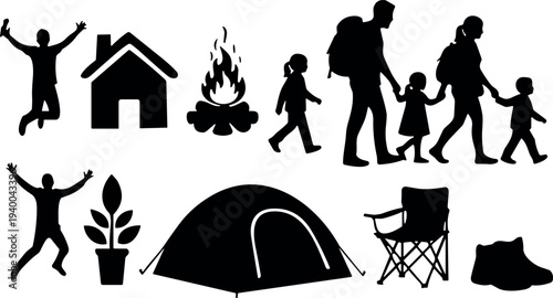 Comprehensive Vector Silhouette Set Featuring Family Camping Elements Including Tent Campfire Hiking Group House Outdoor Chair and Joyful Jumping Figures for Adventure Design