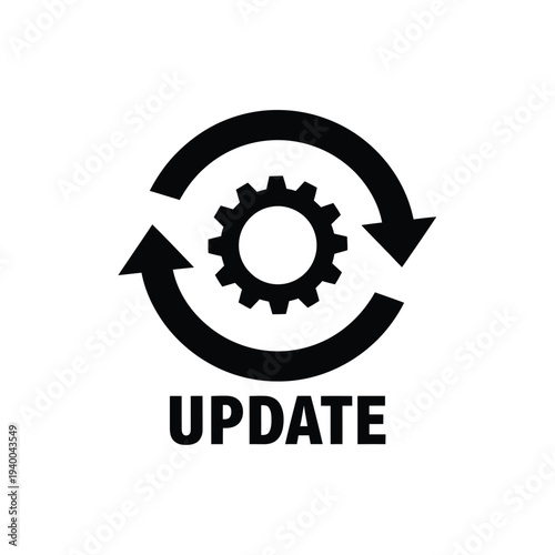 A black and white circular icon depicts a gear enclosed by rotating arrows with the word update prominently displayed below high quality professional detailed