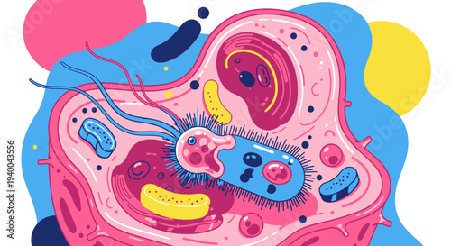 Colorful illustration of a cell with various organelles and abstract shapes.
