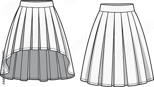 Technical Fashion Flat Sketch of a Women's High Low Pleated Skirt Featuring a High Waisted Silhouette and Dramatic Uneven Hemline in Vector Template