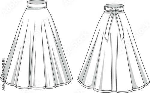 Technical Fashion Flat Sketch of a Women's High Waisted Maxi Circle Skirt Featuring an Elegant Back Bow Tie Detail in a Vector Apparel Template