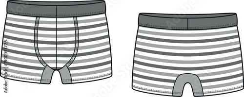 Technical Fashion Flat Sketch of Men's Striped Trunks Underwear Featuring a Comfortable Elastic Waistband and Contoured Pouch Detail in a Professional Vector Apparel Template