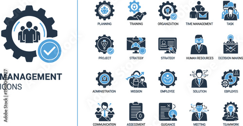Business Management and Leadership Vector Icon Set Featuring Strategy, Planning, Teamwork, Communication, Human Resources, Decision Making, and Organization