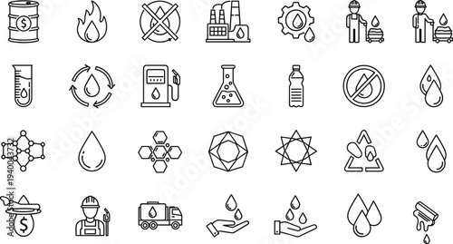 Oil and gas industry line icon set featuring petroleum barrels fuel pumps chemical lab equipment factory and energy production symbols for infographic design