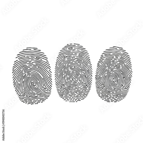 Three Distinct Human Fingerprints Isolated on White Background