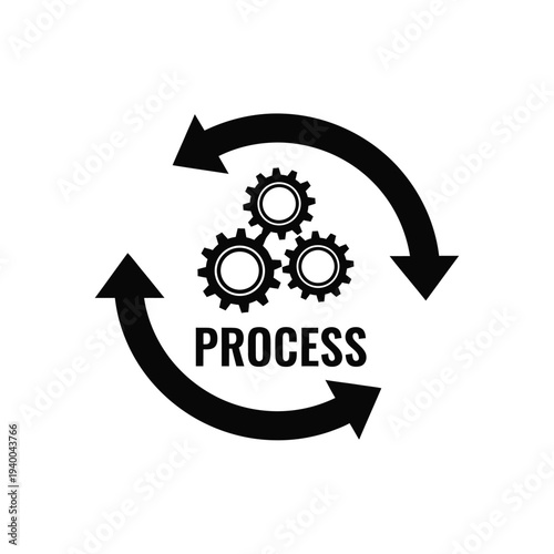 A black and white graphic depicts a circular process with three interconnected gears and the text process below high quality professional detailed modern elegant stylish clean