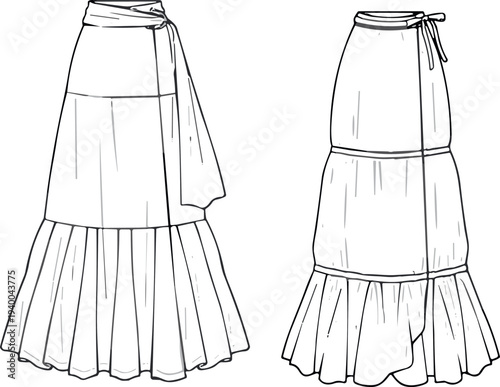 Technical Fashion Flat Sketch of Women's Tiered Maxi Skirts Featuring Ruffled Hem Details and a Stylish High Waisted Wrap Design in Professional Vector Template