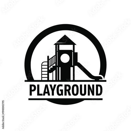 A black and white graphic depicts a playground structure enclosed within a circular frame with the word playground below high quality professional detailed modern