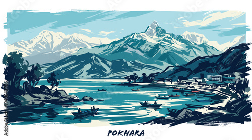 A serene watercolor painting of Pokhara, Nepal, showcasing the majestic Annapurna mountain range reflected in the tranquil waters of Phewa Lake, with small boats dotting the surface.