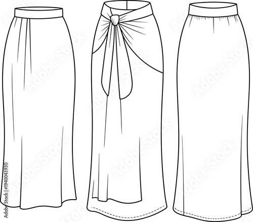 Technical Fashion Vector Illustration of Women's Long Maxi Skirts Featuring Front Tie Knot and Draped Details for Apparel Design Mockup and Templates