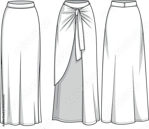 Technical Fashion Vector Illustration of Women's Long Maxi Skirts Featuring Front Tie Knot Overlap and Draped Details for Apparel Design Mockup and Templates