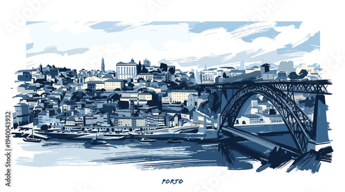 A scenic illustration of the Dom Luís I Bridge and the Ribeira district in Porto, Portugal, under a bright sky.