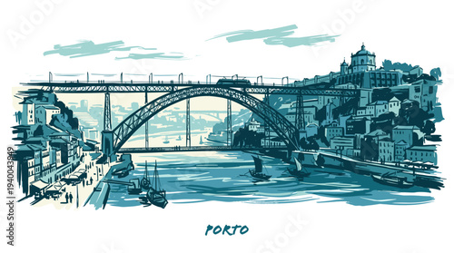 A picturesque illustration of the Dom Luís I Bridge spanning the Douro River in Porto, Portugal, with boats on the water and buildings on the hillsides.
