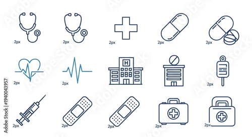 Medical icons set including stethoscope pills hospital and first aid kit on white background for healthcare and wellness concepts
