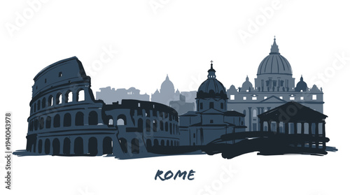 A stylized silhouette of Rome's iconic landmarks, including the Colosseum and St. Peter's Basilica, against a white background.