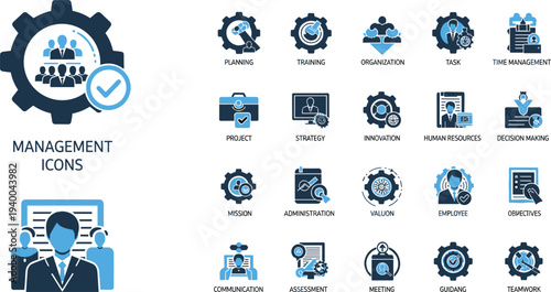 Business Management and Leadership Vector Icon Set Featuring Strategy, Planning, Teamwork, Communication, Human Resources, Decision Making, and Organization