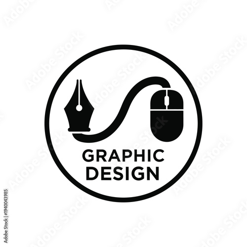 A circular black and white logo combines a fountain pen nib computer mouse and text reading graphic design high quality professional detailed modern elegant stylish clean