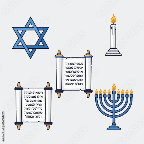Vector illustration of Jewish religious symbols including a Star of David, Torah scrolls, a menorah, and a candle on a light background.