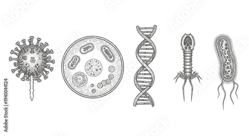 Detailed illustrations of various microorganisms and cellular structures.