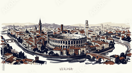 Panoramic illustration of the historic city of Verona, Italy, featuring the iconic Arena di Verona amphitheater and the Adige River.