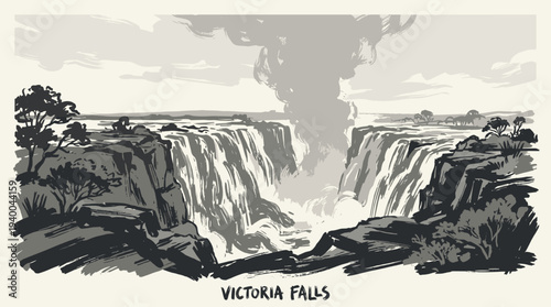 A dramatic black and white sketch of Victoria Falls, showcasing the immense power and mist of the cascading water.