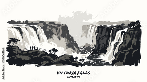 A dramatic ink sketch captures the immense power and grandeur of Victoria Falls in Zimbabwe, with water cascading over rugged cliffs into a misty gorge.