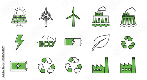 Eco friendly icons set including renewable energy sources recycling symbols and sustainable practices for environmental conservation and green technology