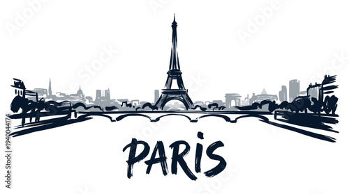 A sketch of the Paris skyline featuring the Eiffel Tower and other iconic landmarks.