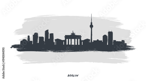 A minimalist silhouette of the Berlin skyline, featuring iconic landmarks like the Brandenburg Gate and the TV Tower, set against a textured grey background.