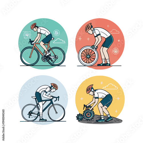 Cyclist in four circular panels showing riding maintenance and repair cycling bicycle