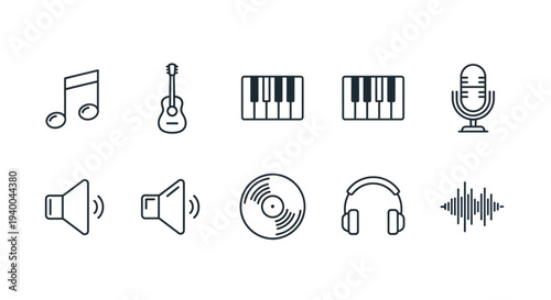Music icons set with guitar piano microphone and headphones on white background for audio and music production
