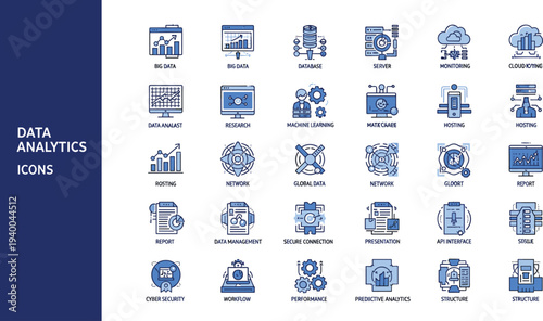 Data Analytics and Big Data Technology Vector Icon Set Featuring Dashboard, Server, Cloud Computing, Database, Network, and Business Intelligence