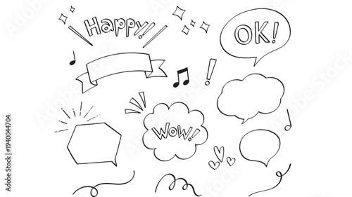 Speech bubbles and design elements with black outlines, hand-drawn in a doodle cartoon style, perfect for comic art and expressive messaging.