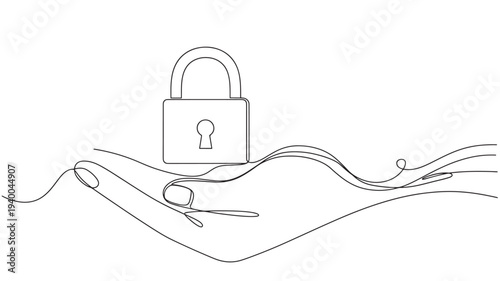 Lock held in hand with single continuous line art, symbolizing security and protection with abstract flowing lines representing protection and safety.