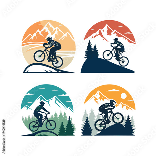 Four mountain biking scenes with cyclists and mountain landscapes bicycle