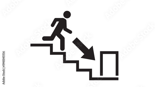 Icon of a person descending stairs with an arrow pointing towards an exit sign, signifying an emergency exit route and safety information.