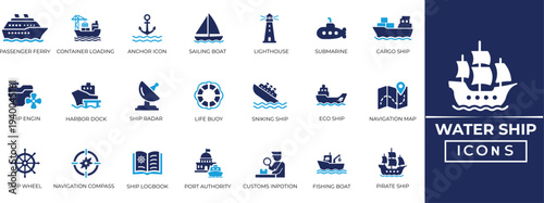 Water Ship icon set. Cruises, cargo vessels, and sailing. Ideal for transport, navigation, logistics, and more. Solid vector icons collection.